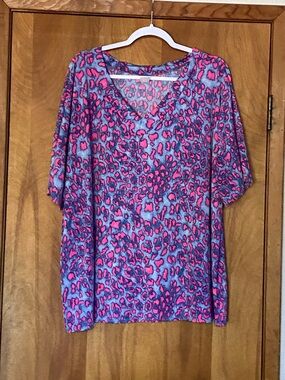 Women's Pink and Blue Leopard Print V-Neck Top